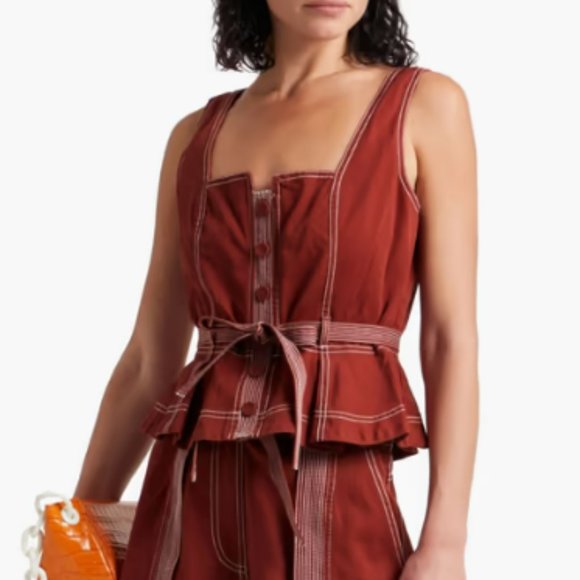 Ulla Johnson Denia Belted Topstitched Cotton-Twill Peplum Top Size: 4 - Picture 2 of 7